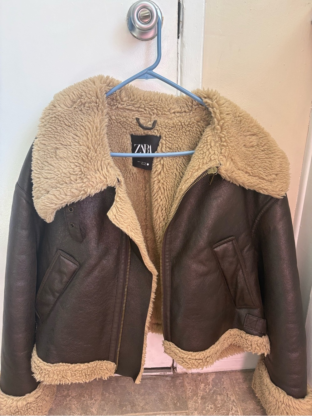 Zara Dark Brown Faux Leather Teddy Aviator Jacket with Cream Shearling